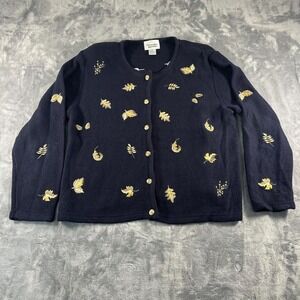 Christopher & Banks navy and gold autumn leaf embroidered cardigan sweater